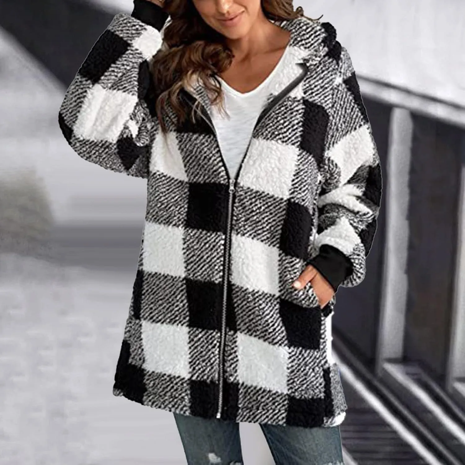 Womens Oversized Sherpa Jacket Fuzzy Fleece Jackets Zip Up Outerwear Teddy Bear Sweater Coats with Hood