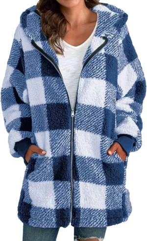 Womens Oversized Sherpa Jacket Fuzzy Fleece Jackets Zip Up Outerwear Teddy Bear Sweater Coats with Hood