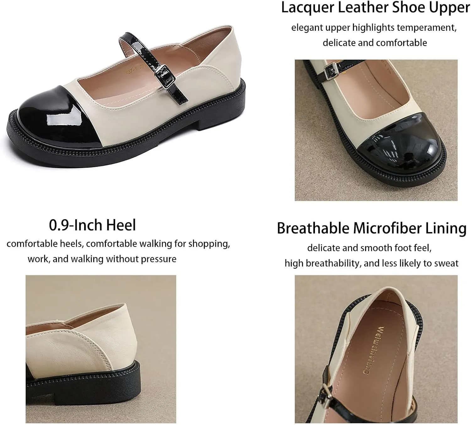 Women's Patent Leather Classic Mary Jane Flats,Dressy Round Toe Ballet Flats with Strap,Fashion Color Blocks Soft Work Dress Flats