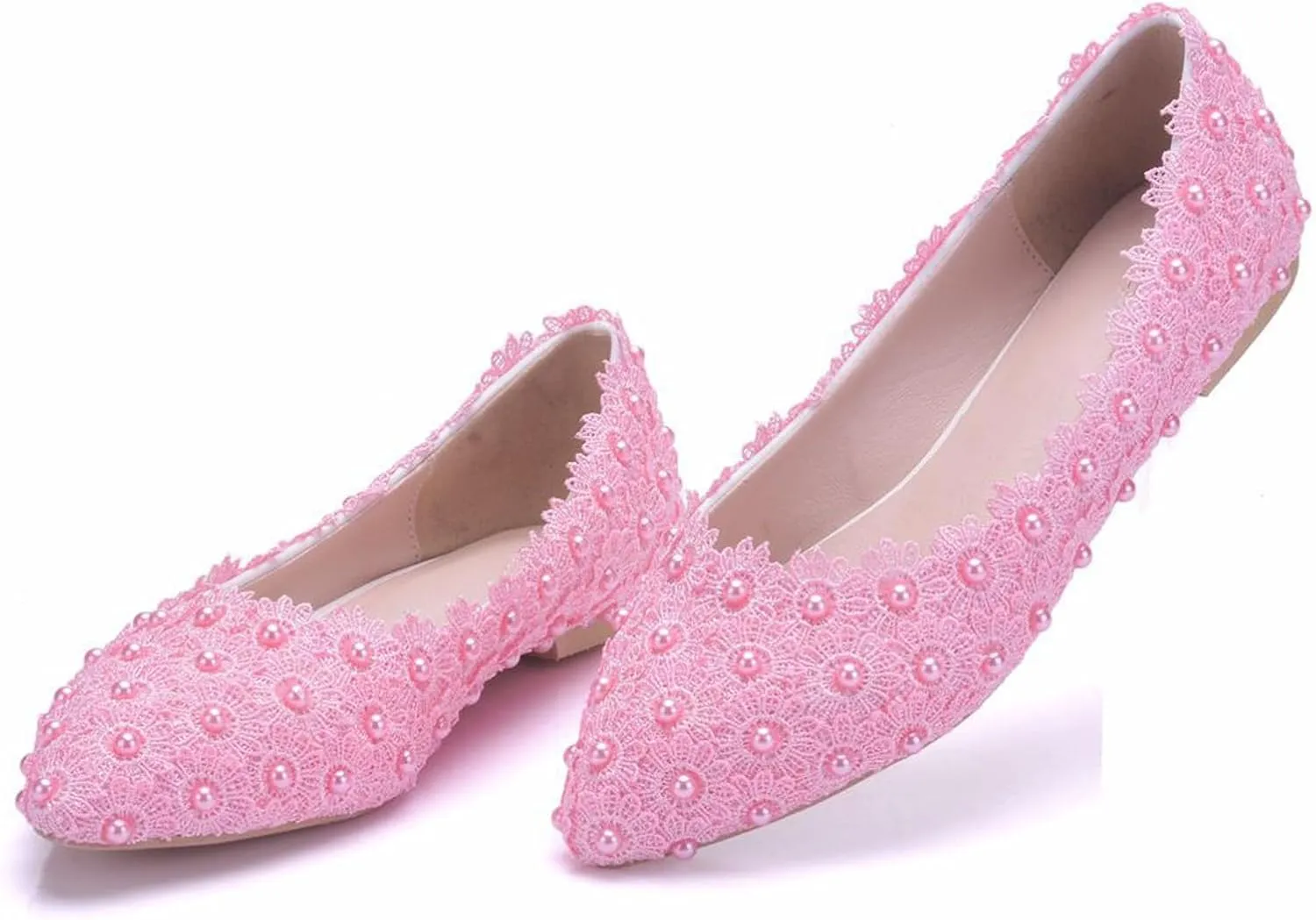 Women's Pearl Lace Slip-On Ballet Flats Pointed Toe Pumps Breathable Comfortable Dress Wedding Shoes for Party Evening Dating