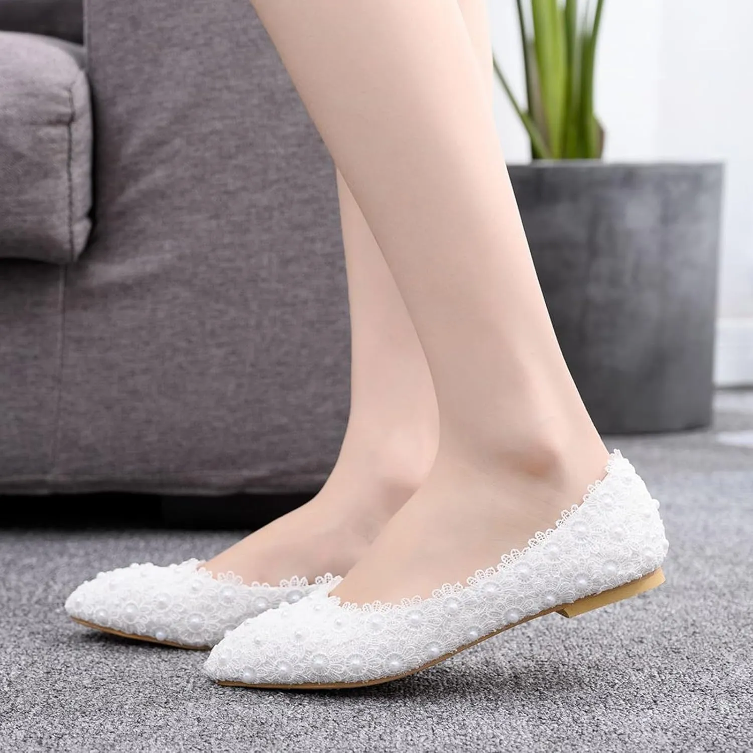 Women's Pearl Lace Slip-On Ballet Flats Pointed Toe Pumps Breathable Comfortable Dress Wedding Shoes for Party Evening Dating