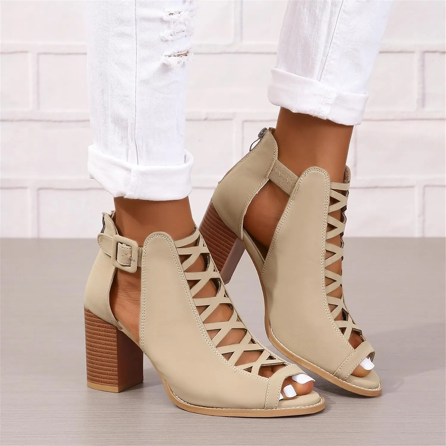 Womens Peep Toe Booties Chunky Heeled Sandals Back Zipper Cutout Dressy Sandals with Adjustable Ankle Strap Buckle