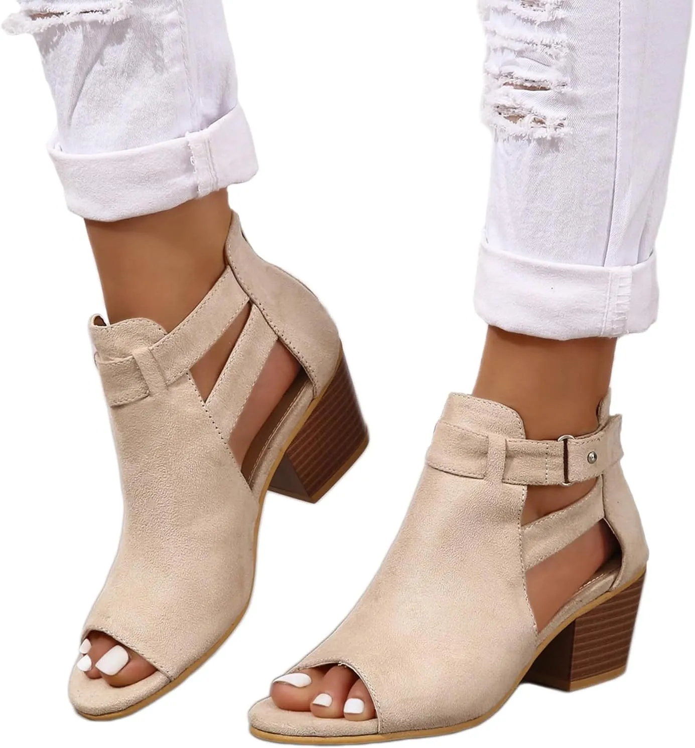 Womens Peep Toe Booties Summer Faux Suede Cutout Chunky Heels Sandals Side Ankle Strap Dress Sandals with Back Zipper