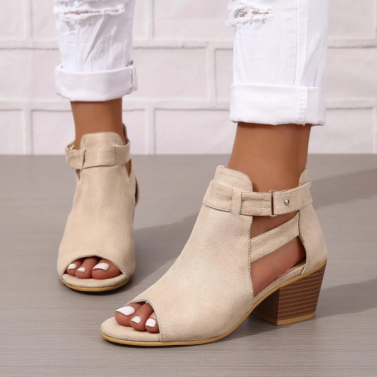 Womens Peep Toe Booties Summer Faux Suede Cutout Chunky Heels Sandals Side Ankle Strap Dress Sandals with Back Zipper