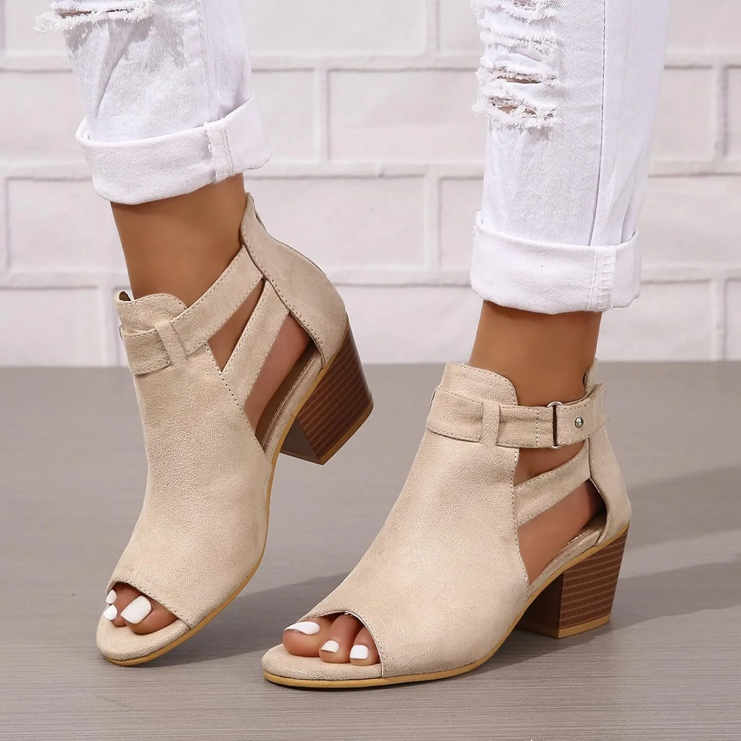 Womens Peep Toe Booties Summer Faux Suede Cutout Chunky Heels Sandals Side Ankle Strap Dress Sandals with Back Zipper
