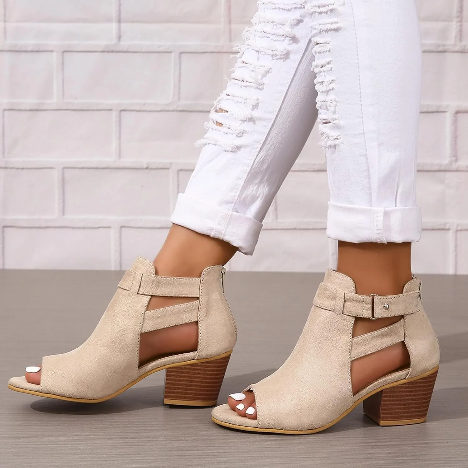 Womens Peep Toe Booties Summer Faux Suede Cutout Chunky Heels Sandals Side Ankle Strap Dress Sandals with Back Zipper