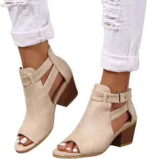 Womens Peep Toe Booties Summer Faux Suede Cutout Chunky Heels Sandals Side Ankle Strap Dress Sandals with Back Zipper