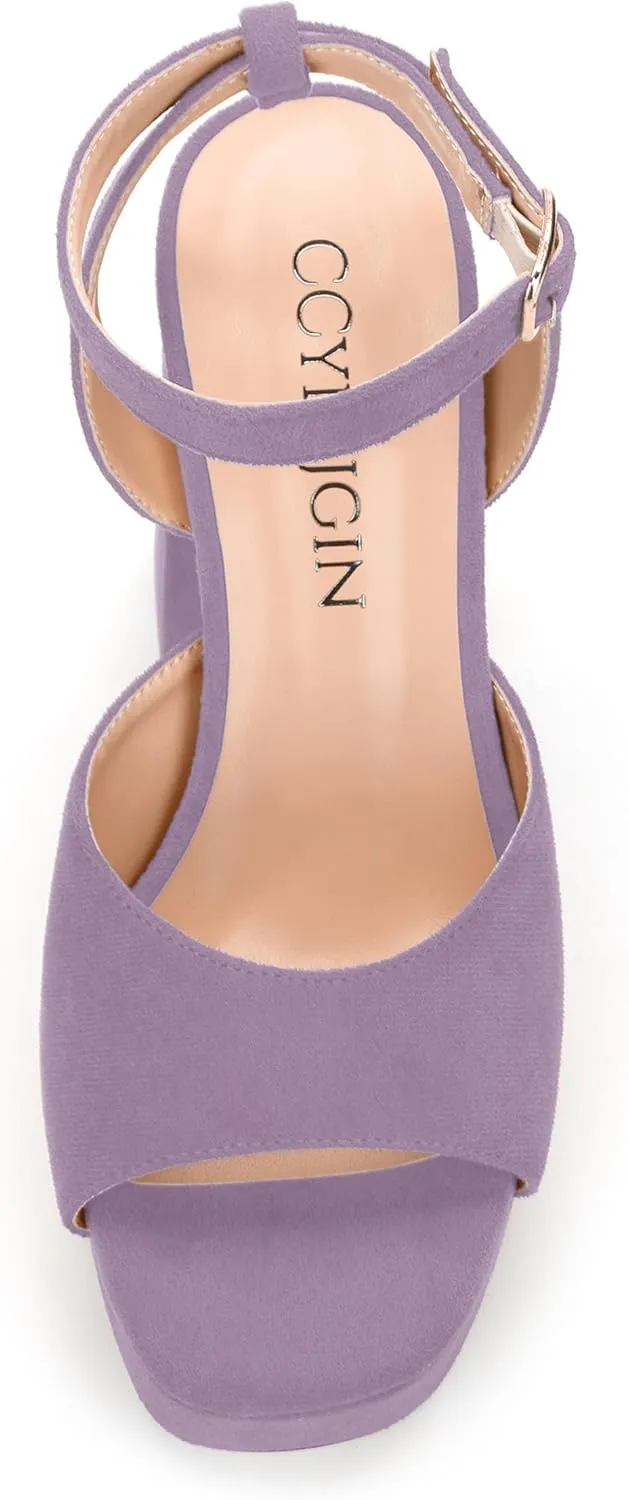 Women's Platform Heels Sandals, Ankle Strap Block Chunky Heel Suede Peep Toe Sandals, Fashion Dress Wedding High Heeled Wedges Pumps