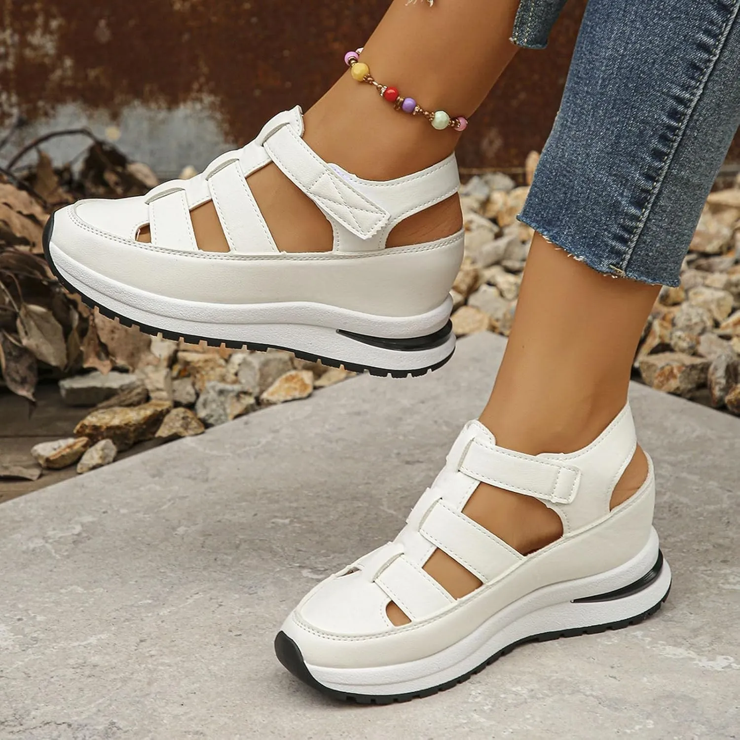 Womens Platform Sandals Comfortable Hollow Out Breathable Closed Toe Wedge Shoes Casual Stylish Arch Support Ankle Strap Orthopedic Leather Sandals