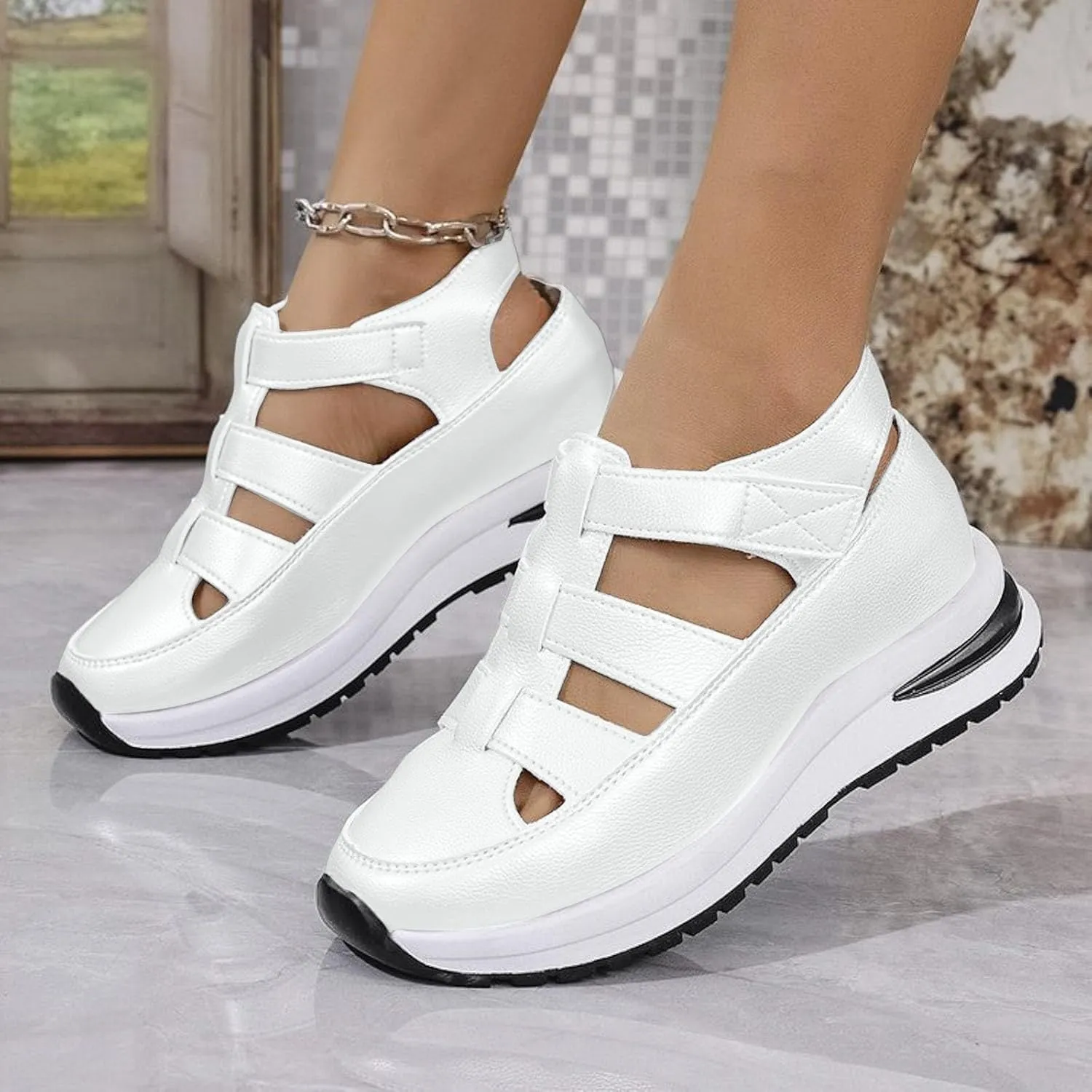 Womens Platform Sandals Comfortable Hollow Out Breathable Closed Toe Wedge Shoes Casual Stylish Arch Support Ankle Strap Orthopedic Leather Sandals