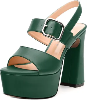 Women's Platform Sandals, Round Toe Chunky High Heels, Fashion Ankle Strap Buckle Heeled Sandal 4.8 Inch