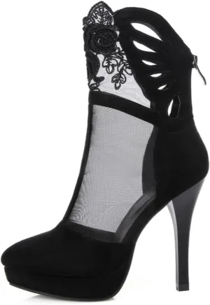 Women's Platform Stiletto High Heel Pumps Pointed Toe Back Zipper Short Ankle Booties Fashion Sexy Floral Lace Mesh Wedding Dress Shoes