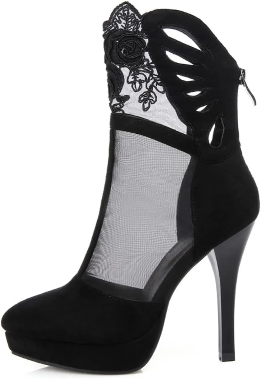 Women's Platform Stiletto High Heel Pumps Pointed Toe Back Zipper Short Ankle Booties Fashion Sexy Floral Lace Mesh Wedding Dress Shoes