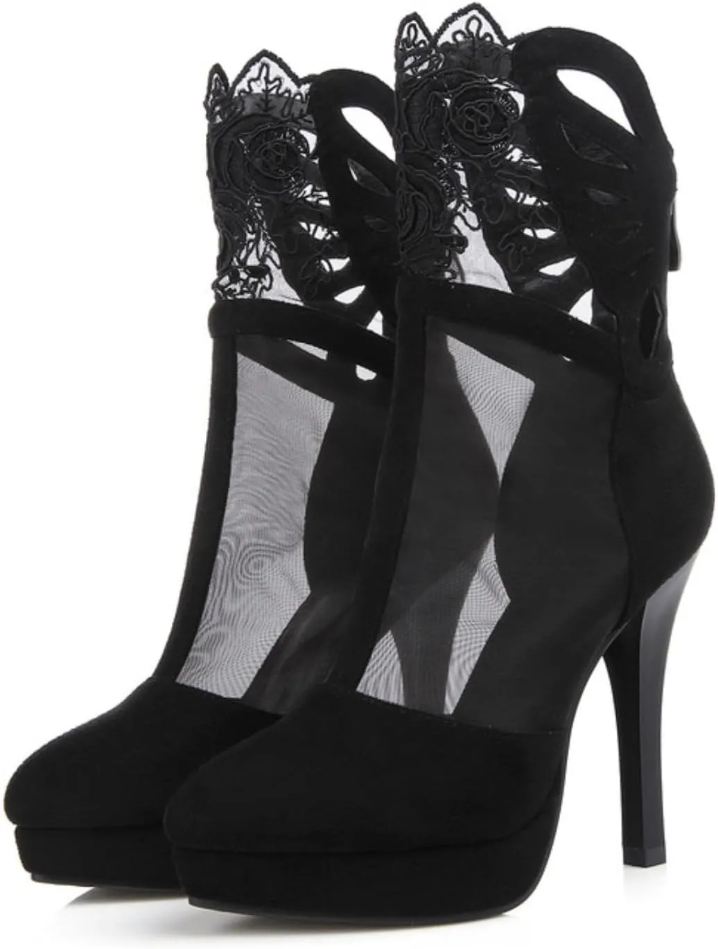 Women's Platform Stiletto High Heel Pumps Pointed Toe Back Zipper Short Ankle Booties Fashion Sexy Floral Lace Mesh Wedding Dress Shoes