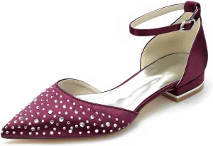 Women's Pointed Toe Bridal Flats Cryatal Pumps Satin Wedding Flats Shoes for Bride Evening Prom Party Dress Flats Pumps Sandals