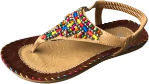 Women's Retro Beaded Thong Sandal Casual Boho Beach T-Strap Flat Footwear with Elastic Strap Stylish Summer Sandals