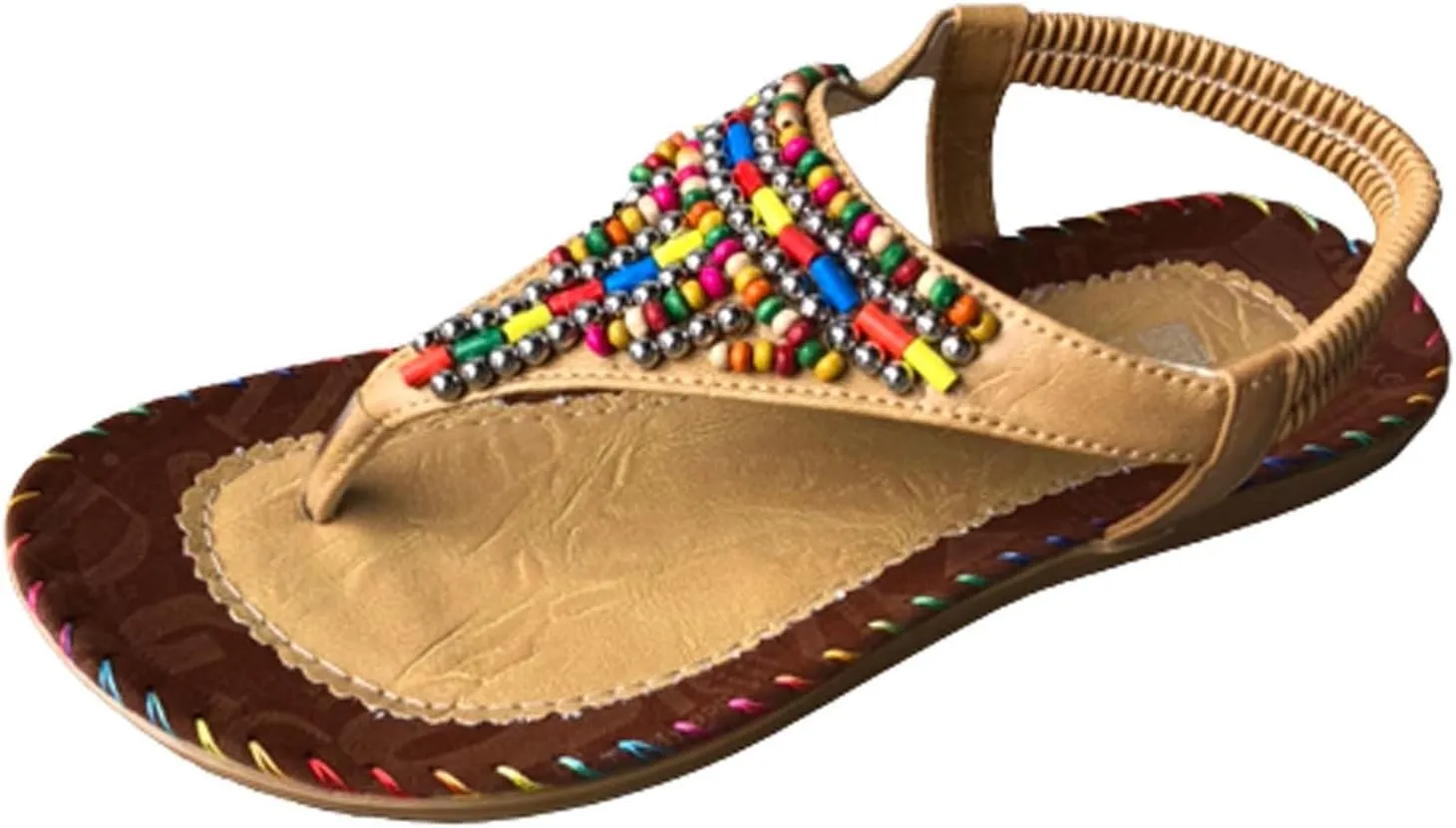 Women's Retro Beaded Thong Sandal Casual Boho Beach T-Strap Flat Footwear with Elastic Strap Stylish Summer Sandals