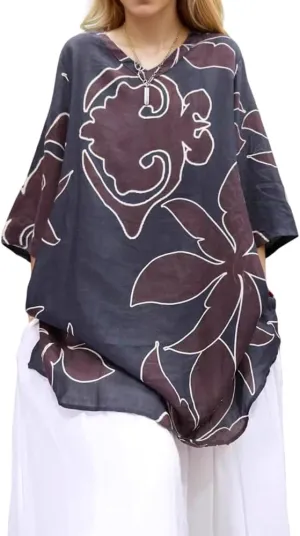 Women's Retro Flower Floral Graphic 3/4 Sleeve Tshirt Tops Summer Casual Oversized V Neck Shirt Blouse for Women