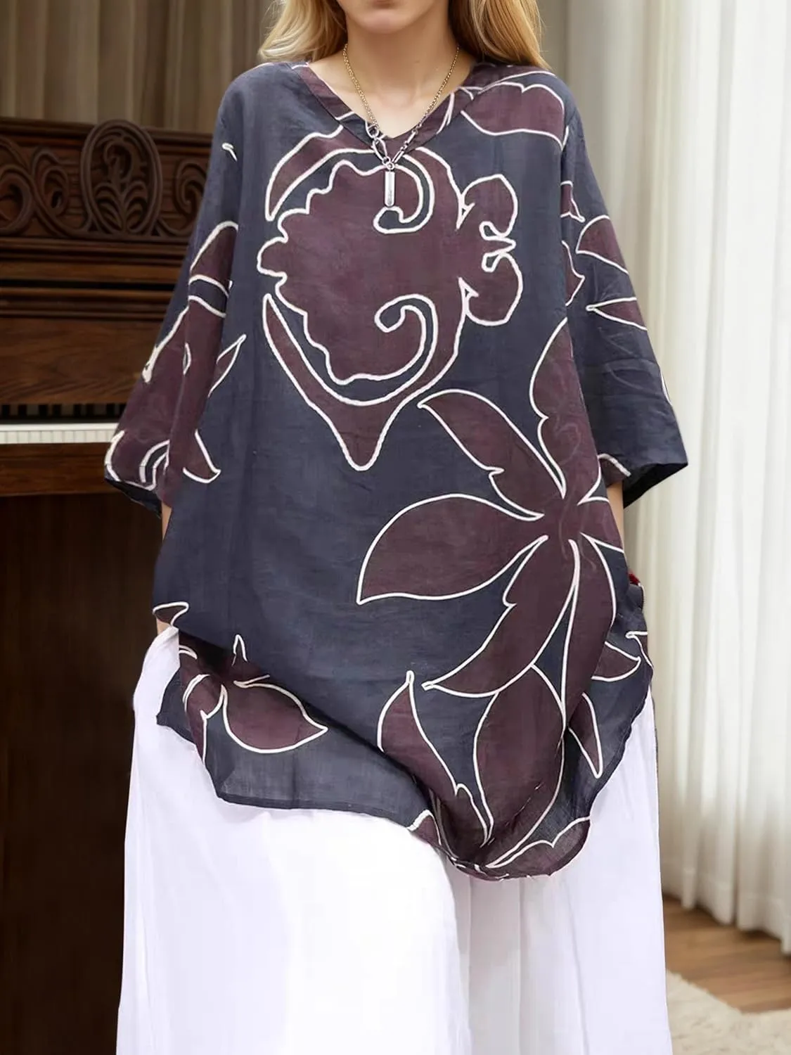 Women's Retro Flower Floral Graphic 3/4 Sleeve Tshirt Tops Summer Casual Oversized V Neck Shirt Blouse for Women