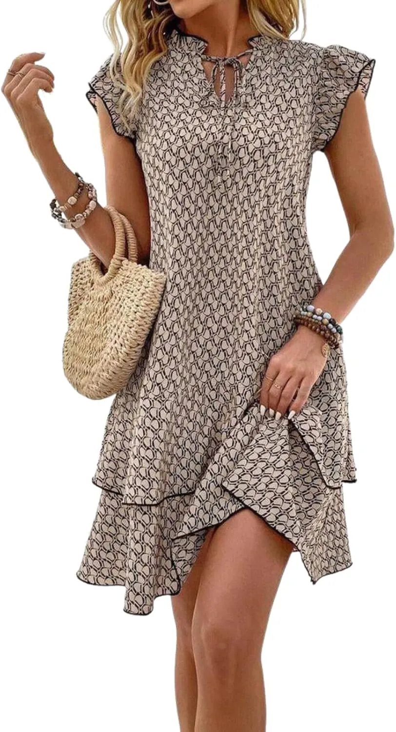 Women's Retro Print Ruffle Dress 2025 Summer Flowy Sleeveless Tiered Smocked Hem Beach Vacation Mini Dresses