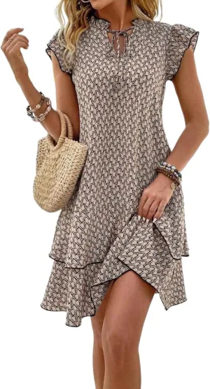 Women's Retro Print Ruffle Dress 2025 Summer Flowy Sleeveless Tiered Smocked Hem Beach Vacation Mini Dresses