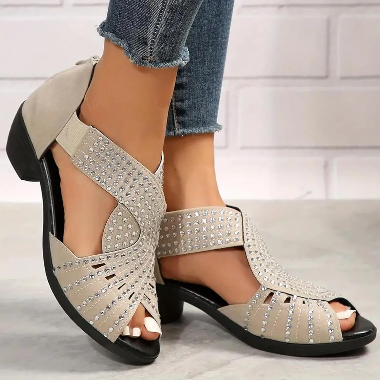 Women's Rhinestone Embellished Peep Toe Sandals Low Heel Back Zipper Solid Sandal Elegant Summer Trendy Spring Shoe
