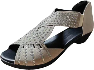 Women's Rhinestone Embellished Peep Toe Sandals Low Heel Back Zipper Solid Sandal Elegant Summer Trendy Spring Shoe