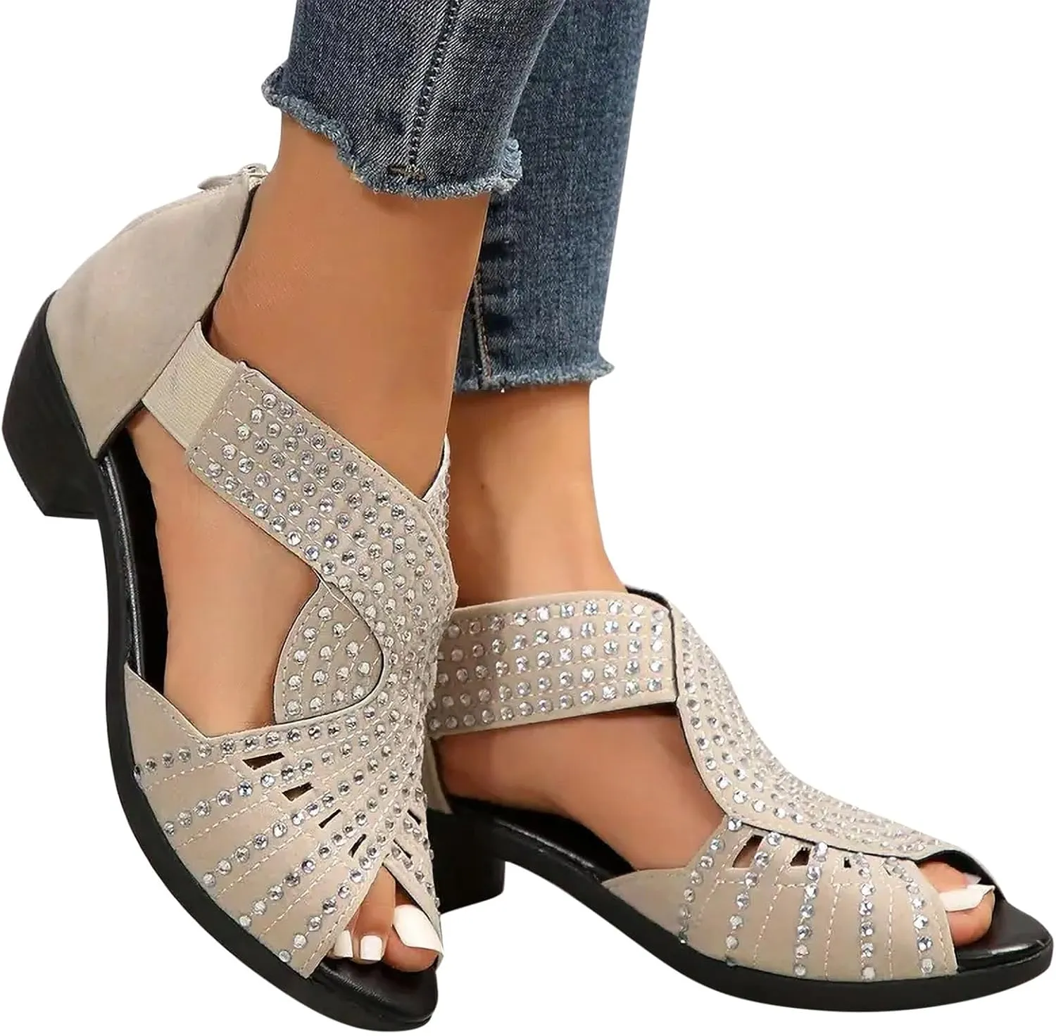 Women's Rhinestone Embellished Peep Toe Sandals Low Heel Back Zipper Solid Sandal Elegant Summer Trendy Spring Shoe