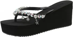 Women's Rhinestone Platform Flip Flops Boho Sparkly Wedge Thong Sandals Trendy Outdoor Slippers Summer Beach Slide Sandals