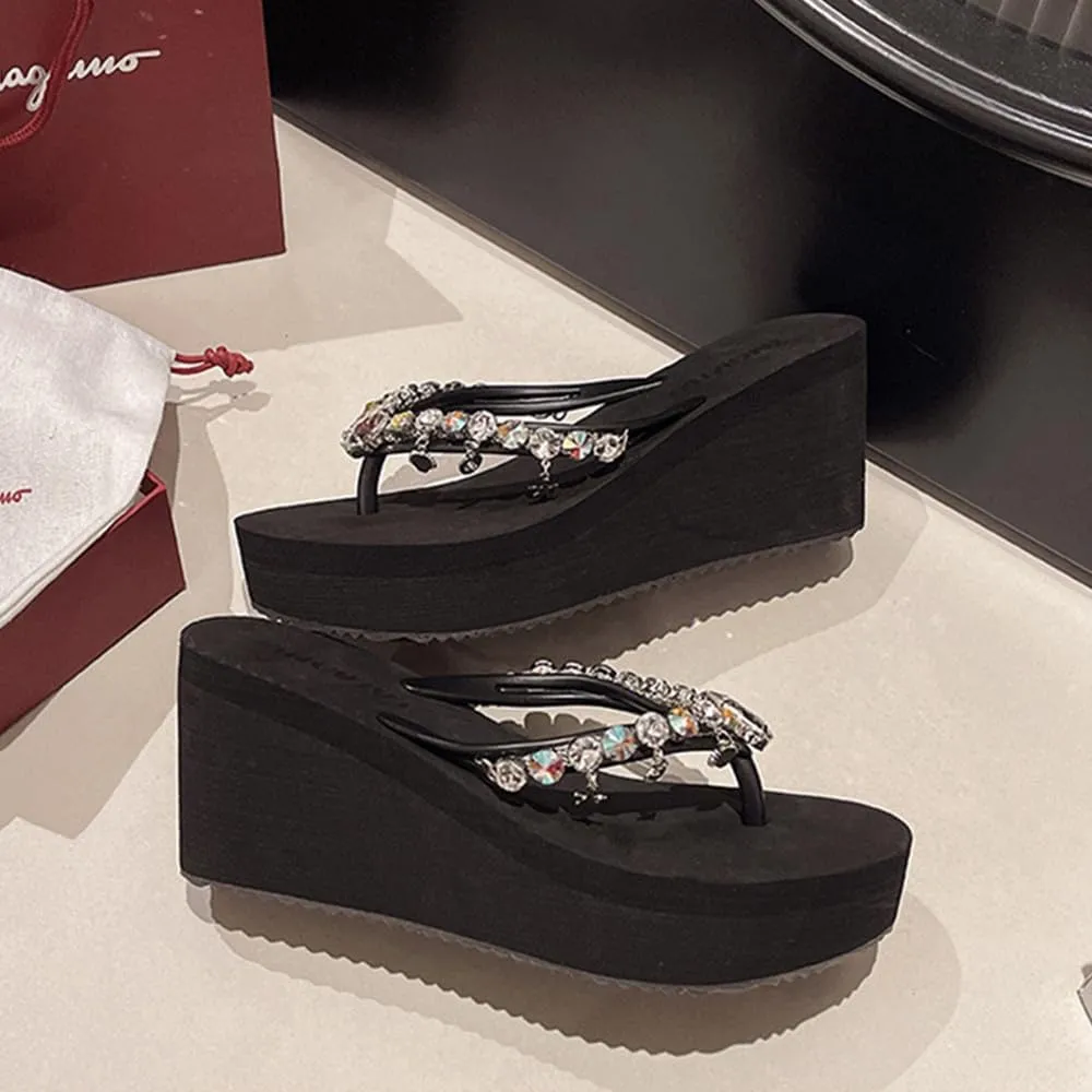 Women's Rhinestone Platform Flip Flops Boho Sparkly Wedge Thong Sandals Trendy Outdoor Slippers Summer Beach Slide Sandals