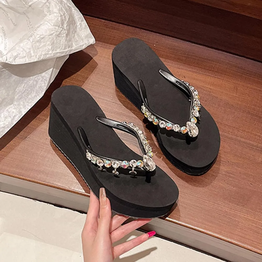 Women's Rhinestone Platform Flip Flops Boho Sparkly Wedge Thong Sandals Trendy Outdoor Slippers Summer Beach Slide Sandals