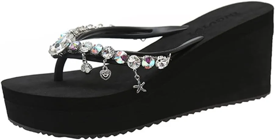 Women's Rhinestone Platform Flip Flops Boho Sparkly Wedge Thong Sandals Trendy Outdoor Slippers Summer Beach Slide Sandals