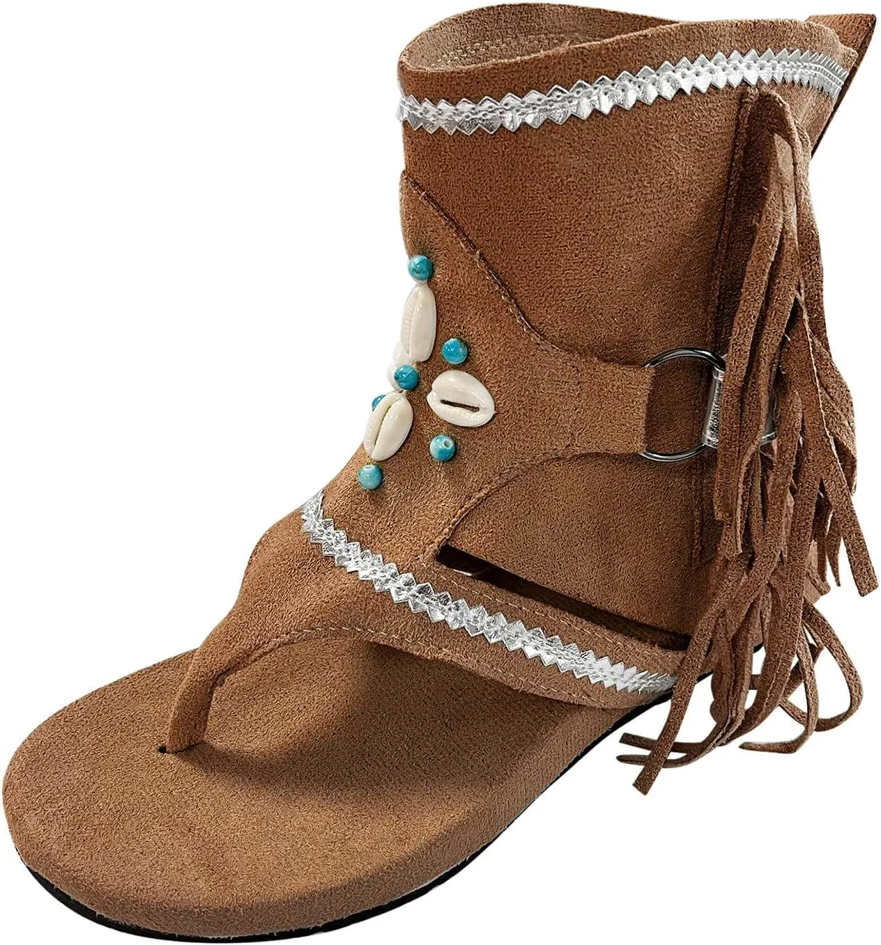 Women'S Sandals Tassel Ankle Boots, Retro Bohemian Sandals Beach Travel Shoes Clip Toe Flip Flops High Top Flat Casual Dressy Sandals