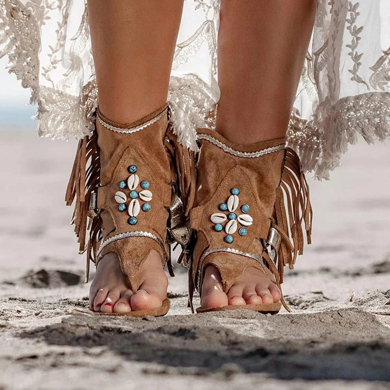 Women'S Sandals Tassel Ankle Boots, Retro Bohemian Sandals Beach Travel Shoes Clip Toe Flip Flops High Top Flat Casual Dressy Sandals