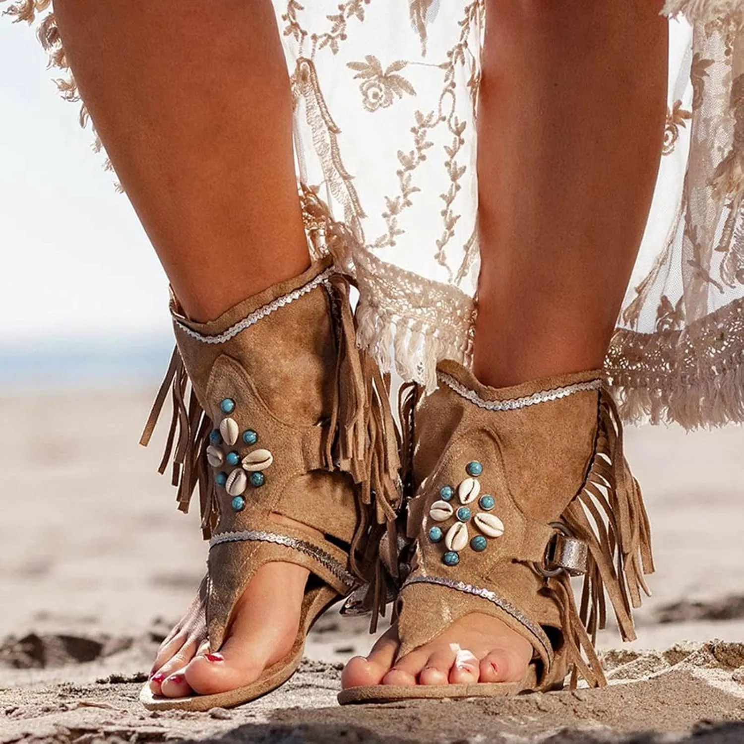 Women'S Sandals Tassel Ankle Boots, Retro Bohemian Sandals Beach Travel Shoes Clip Toe Flip Flops High Top Flat Casual Dressy Sandals