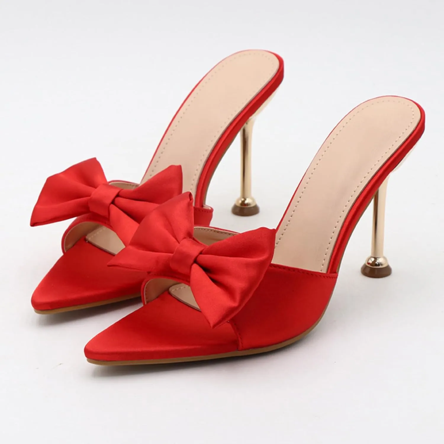 Women's Satin Pointed Open Toe Heel Sexy and Stylish Bow Slip On Stiletto High Wedge Mule Comfortable Wedding Bridal Party Dress Shoes