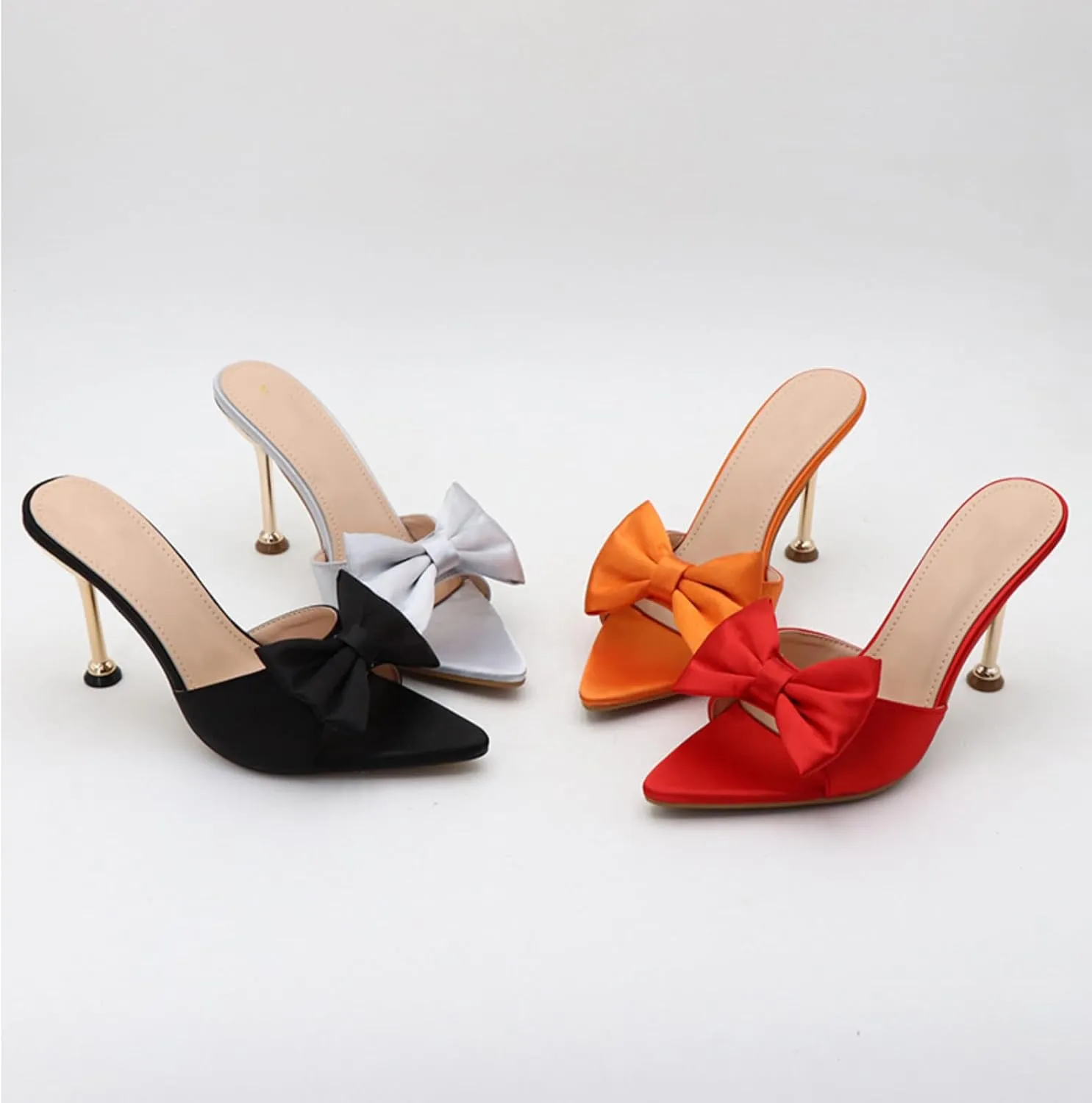 Women's Satin Pointed Open Toe Heel Sexy and Stylish Bow Slip On Stiletto High Wedge Mule Comfortable Wedding Bridal Party Dress Shoes