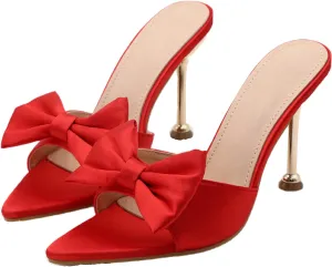 Women's Satin Pointed Open Toe Heel Sexy and Stylish Bow Slip On Stiletto High Wedge Mule Comfortable Wedding Bridal Party Dress Shoes