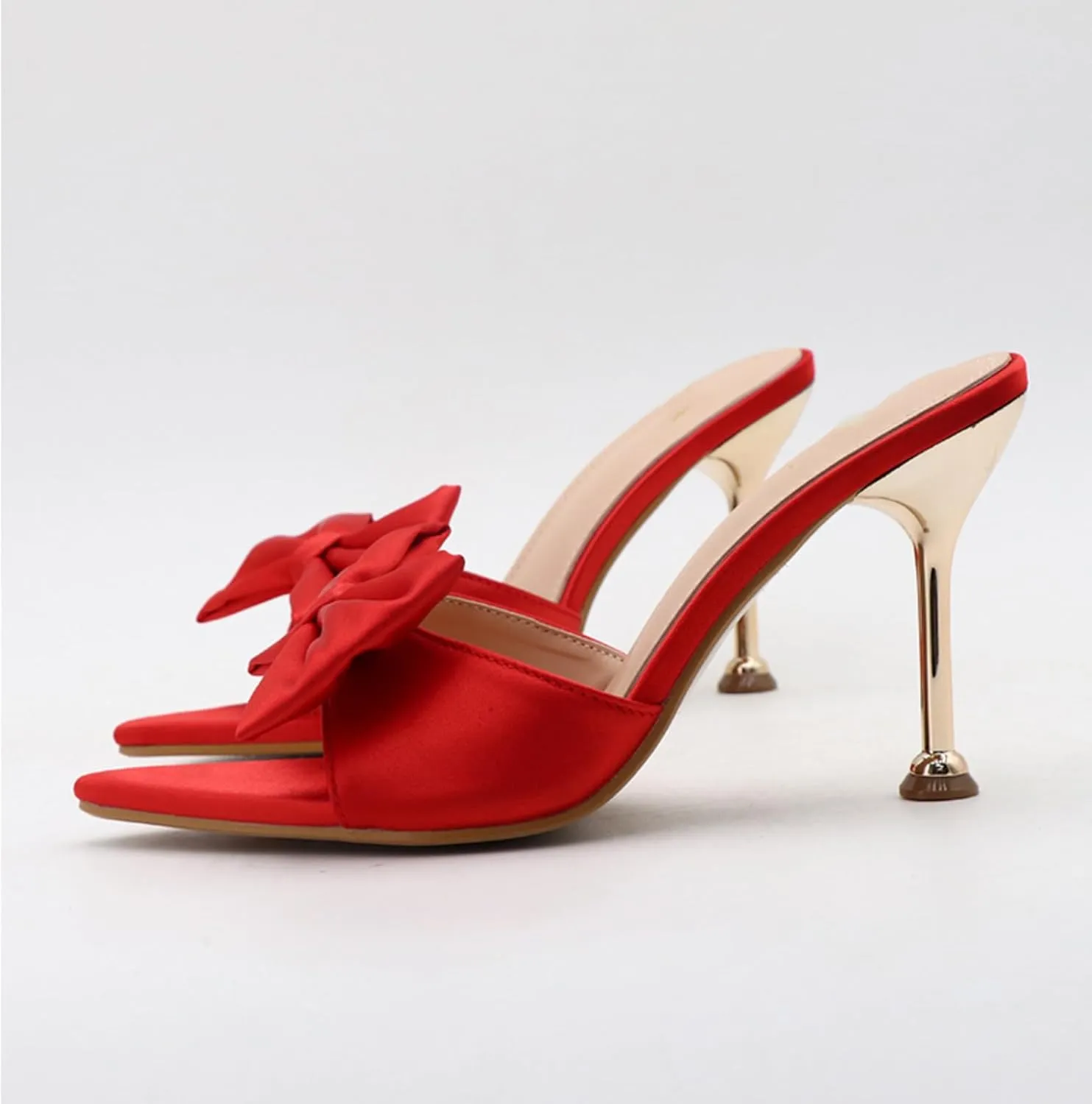 Women's Satin Pointed Open Toe Heel Sexy and Stylish Bow Slip On Stiletto High Wedge Mule Comfortable Wedding Bridal Party Dress Shoes