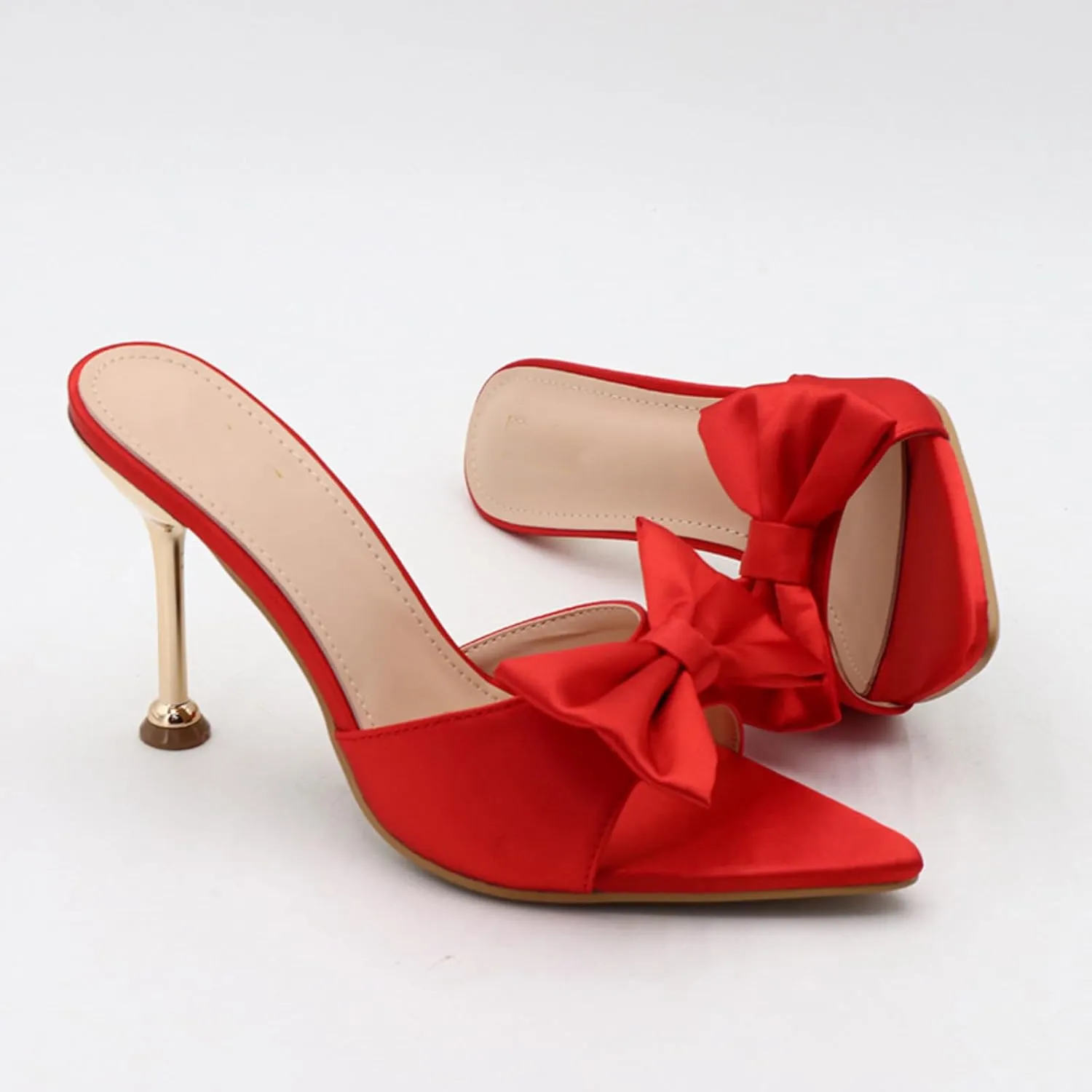 Women's Satin Pointed Open Toe Heel Sexy and Stylish Bow Slip On Stiletto High Wedge Mule Comfortable Wedding Bridal Party Dress Shoes