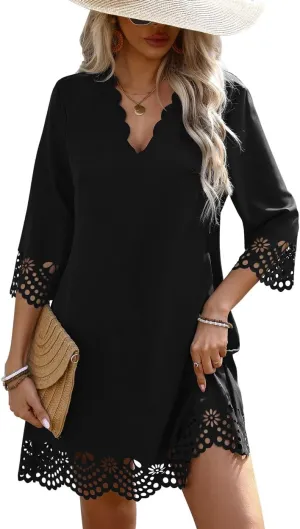 Women's Sexy Stylish 3/4 Long Sleeve Loose V Neck Lace A-Line Swing Cocktail Party Dresses