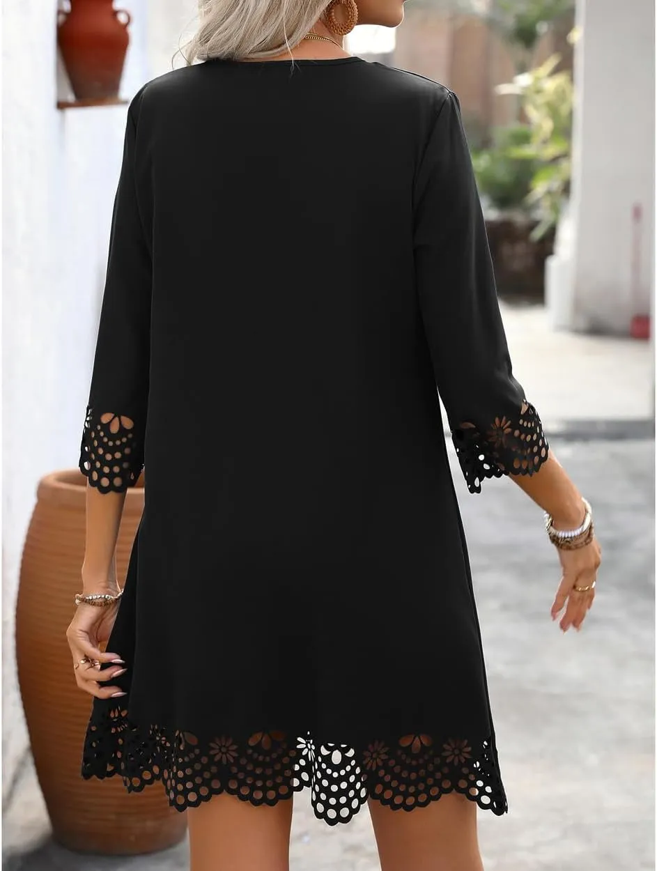 Women's Sexy Stylish 3/4 Long Sleeve Loose V Neck Lace A-Line Swing Cocktail Party Dresses