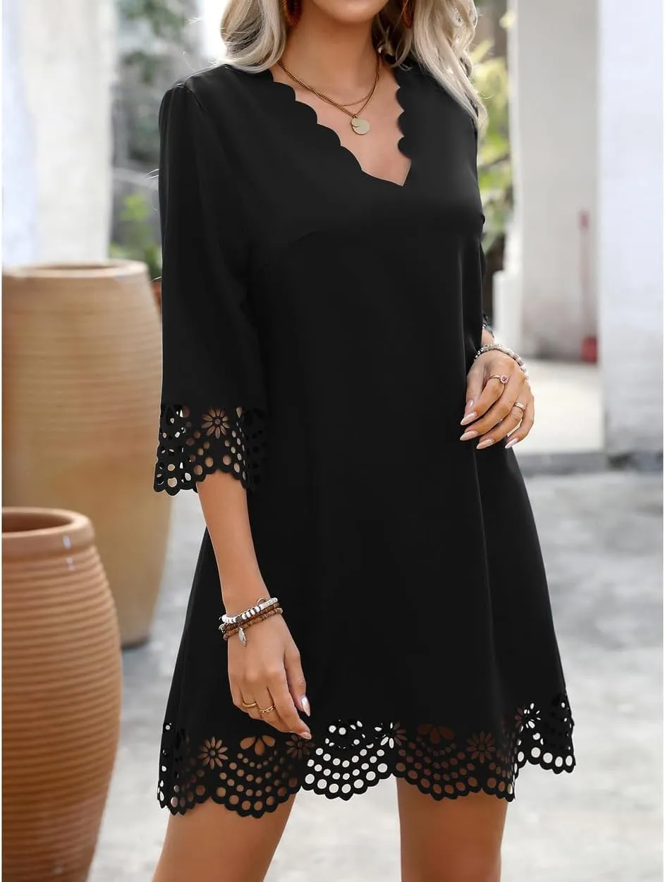 Women's Sexy Stylish 3/4 Long Sleeve Loose V Neck Lace A-Line Swing Cocktail Party Dresses