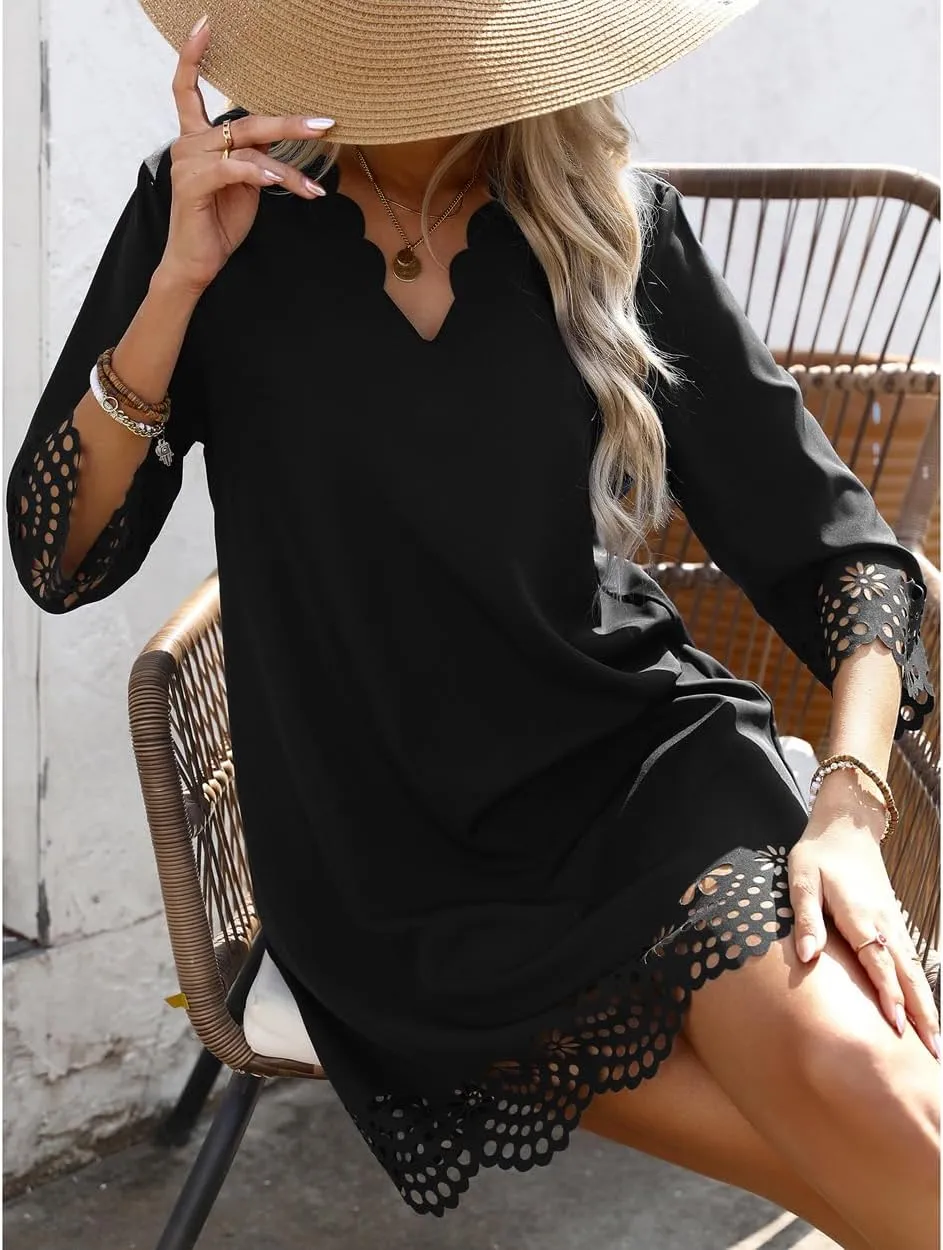 Women's Sexy Stylish 3/4 Long Sleeve Loose V Neck Lace A-Line Swing Cocktail Party Dresses