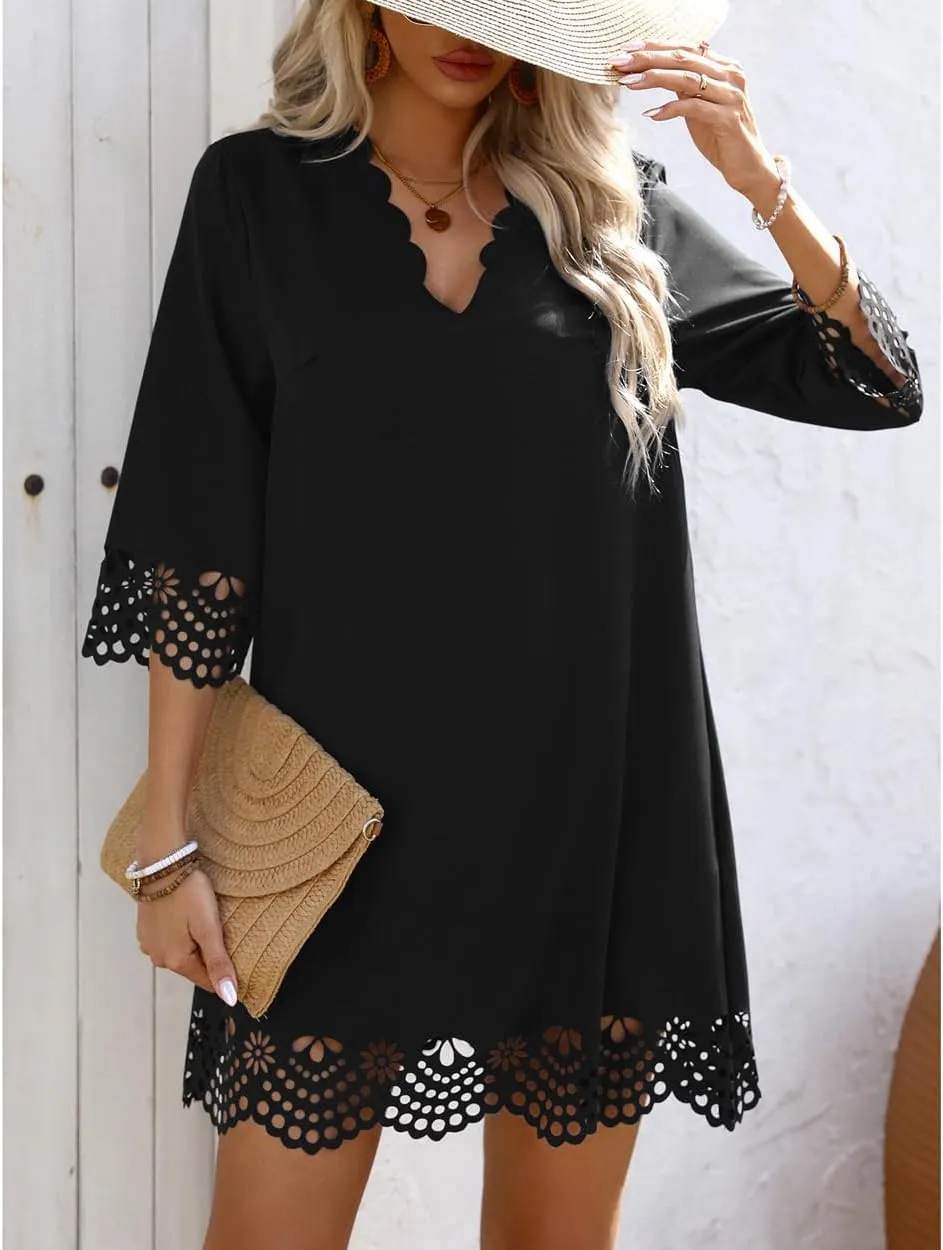 Women's Sexy Stylish 3/4 Long Sleeve Loose V Neck Lace A-Line Swing Cocktail Party Dresses