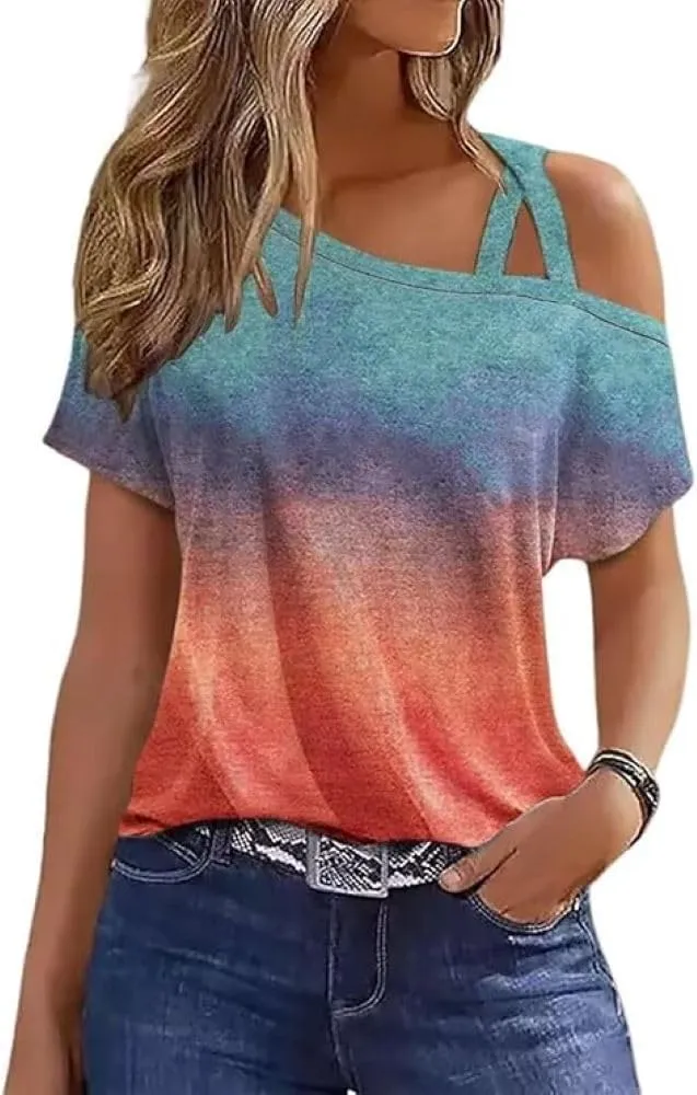 Womens Short Sleeve Criss-Cross One Shoulder Tops Sexy Cold Shoulder Shirts Casual Loose Fitted Soild Summer Tops Tees