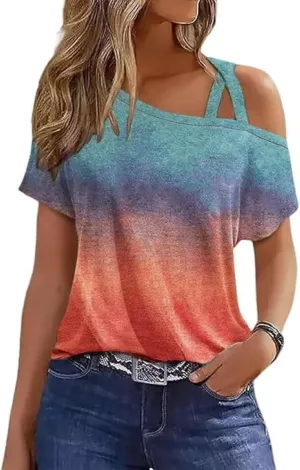 Womens Short Sleeve Criss-Cross One Shoulder Tops Sexy Cold Shoulder Shirts Casual Loose Fitted Soild Summer Tops Tees