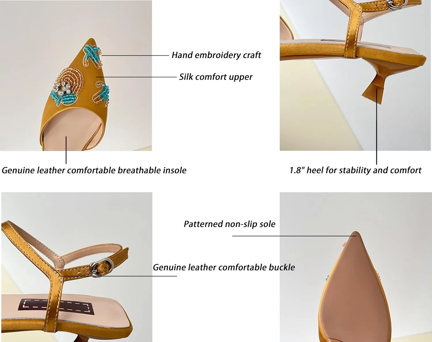 Women’s Silk Pointed-Toe Sandals 1.8Inch Stiletto Heels Handmade Embroidery Elegant Stylish