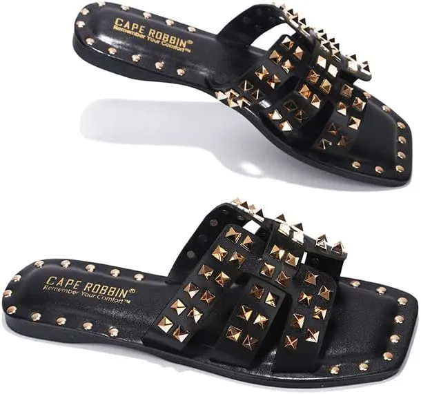 Women's Slide Sandals with Gold Spike Studded Design - Open-Toe Summer Slides for Women, Slip-On Comfortable Sandals for Casual Beach, Pool, or Outfits | Lightweight Trendy Footwear (Amisha)