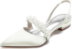 Women's Slingback Satin Wedding Flats Pearls Bridal Shoes Pointed Toe Prom Evening Bridal Party Dress Flats